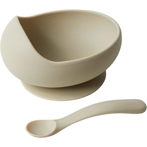 Konny Baby Bowl Microwaveable Silicone & Spoon Set, Self Feeding Essentials Baby Led Weaning Supplies -Mustard Cream