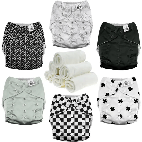 Mama Koala 3.0 Pocket Cloth Diapers for Babies with AWJ Lining, 6 Pack with 6 4-Layer Natural Cloth Diaper Inserts - Reusable and Washable Pocket Diapers (Black and White)