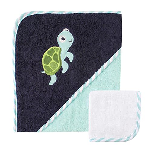 Luvable Friends Unisex Baby Cotton Hooded Towel and Washcloth, Turtle, One Size
