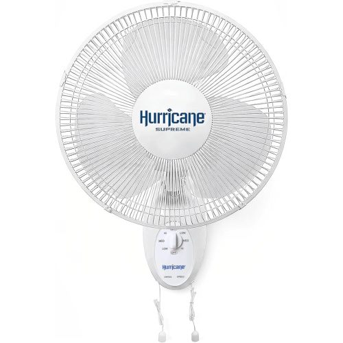 Hurricane 16" Supreme Oscillating Wall Mount Fan w/ 3 Quiet Speeds, White - Corded Electric Air Cooling Unit w/ Easy Pull Cord Controls for Homes, Greenhouses, Garages, Workshops & Gyms