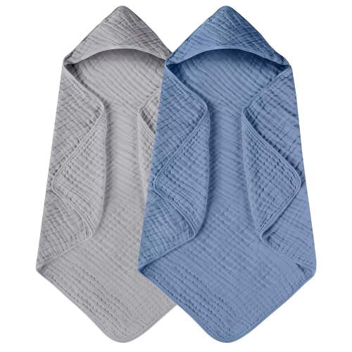 Hooded Baby Towels for Newborn 2 Pack 100% Muslin Organic Cotton Baby Bath Towel with Hood for Babies, Infant, Toddler and Kids, 32x32Inch, Soft and Absorbent Newborn Essential,Grey& Dark Blue