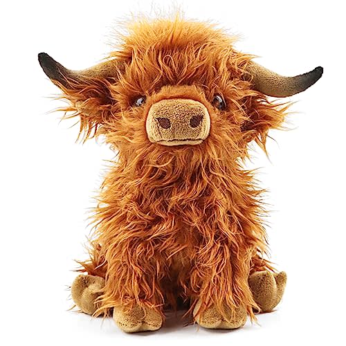Toaje Highland Cow Stuffed Animal Realistic Scottish Cow Plush Toy Soft Farm Animal Cattle Plushie Doll Present for Adults Kids Boys Girls (Brown Cow, 10.8 Inch)