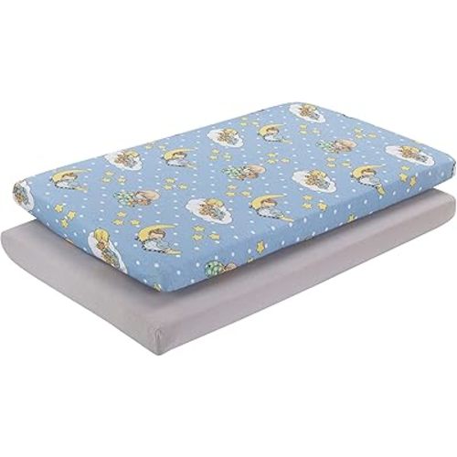 2 Pack n Play Mattress Sheets – 100% Jersey Knit Cotton Soft Portable Crib Mattress Sheet for Boys with Blue and Yellow Precious Moments Design; 2 Pk Playpen Mattress or Mini Crib Fitted Sheet Set
