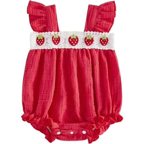 Newborn Baby Girl Summer Romper Infant Strawberry Embroidery Overall Sleeveless Cotton Linen Bodysuit Outfit Clothes