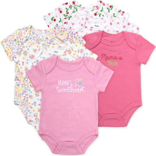 Baby Essentials Baby Girl 6 Pack Short Sleeve Bodysuit Romper, Baby Outfit Set, (6 months,Mama's Sweetheart Floral Print)