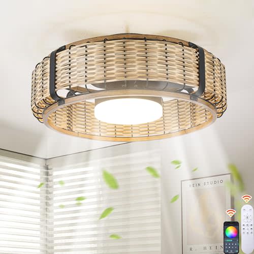 Ganeed 20in Boho Ceiling Fan with Lights and Remote, Enclosed LED Fandelier | Bamboo Flush Mount Fandelier with RGB Light, 6 Speeds, Reversible DC Motor, APP Control for Bedroom, Living Room and Kitchen