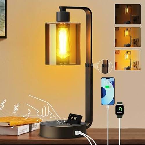 Amazon.com: Aialun Industrial Table Lamp,Dimmable Bedside Lamps Nightstand for Bedroom USB A/C Charging Ports,Alarm Clock Bluetooth Speaker Lamp,Adjustable Height 2700K Warm Light Desk Touch Lamp for Living Room