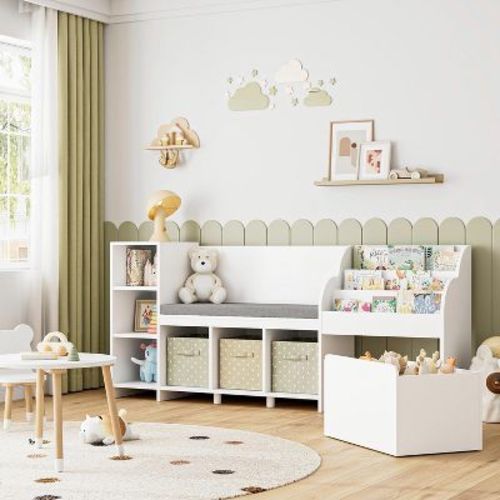 BALHAM TRADE-67" Kids Toy storage rack with Bench Bookshelf Cushion 6 Storage Cubbies White 15.7"D x 67"W x 31.5"H