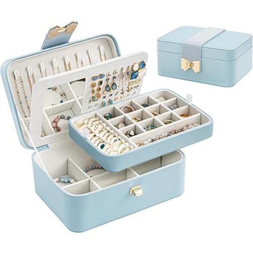 Lolalet 2 Layer Jewelry Box for Teen Girls & Young Women, Jewelry Organizer Case with Bow Clasp and Mirror for Earrings Rings Necklaces Storage, Gift Idea -Blue