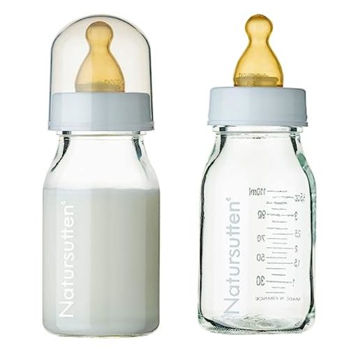 Natursutten Anti-Colic Glass Baby Bottle 2-Pack - 4 Ounce Bottles for Breastfeeding Babies - Newborn Bottles Set: Natural Rubber Slow-Flow Bottle Nipples, Seals, Valves, Baby Bottle Caps