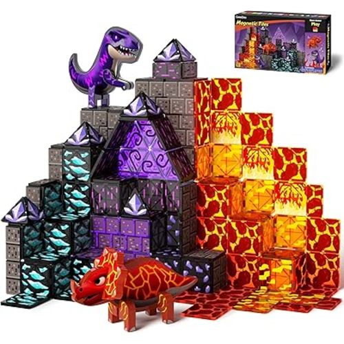 GobiDex Dinosaur Toys Magnetic Tiles Lava Cave Dinosaur World Set - Magnetic Building Blocks for Kids 3-5 5-7 Girls Boys Toys Age 4-6 6-8, STEM Sensory Toddler Birthday Gifts for 3+ Year Old Kids Toy