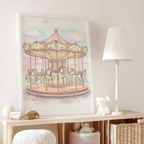 Watercolor Carousel Art Print: Whimsical Nursery Decor, girl room drawing, pink tones art, horses circus playroom (Digital Download)