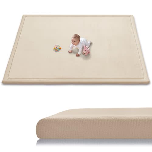 Baby Play Mat for Floor, 1.3 Inch Thick Memory Foam Tummy Time Mat with Non Slip Backing, Soft Coral Velvet 59X71 Inch Playpen Mat Crawling Tatami for Infants Toddlers Kids, Beige
