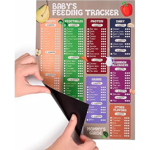 Baby Food Tracker Magnet Board, Baby Food Chart for Fridge - 101 Foods Before 1 Checklist Magnet, Glossy Laminated Monthly Baby First Food Tracker with 2 Magnetic Markers & Baby Food List - 35 x 25 cm