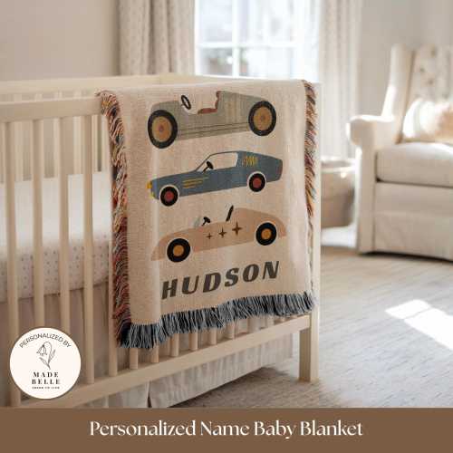 Personalized Race Car Baby Blanket Custom Retro Name Nursery Decor Classic Cars Crib Bedding for Newborn Boy Throw Race Car Baby Shower Gift