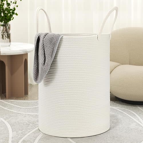 Eblog 58L Cotton Rope Laundry Basket (20"x15"),Woven Basket for Storage Dirty Clothes Basket for Laundry, Living Room, Nursery, Bedroom Rope Storage Basket for Blankets（White）