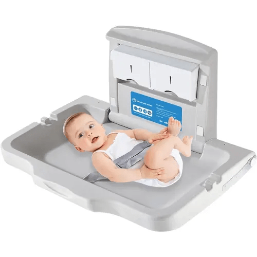 Baby Changing Station Wall Mounted, Fold Down Baby Changing Table, Commercial Diaper Changing Station, Nappy Changing Table with Safety Strop and Door Sign, Space-Saving