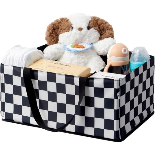 Tiny Twinkle Diaper Caddy Organizer | Foldable Baby Storage Basket with Removable Divider | Waterproof & Mess-Proof Fabric, Portable Nursery Organizer for Newborn Essentials (Black Checkers)