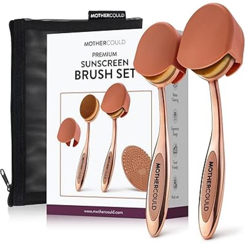 Mothercould Premium Sunscreen Brush Set – Kids & Baby Sunblock Applicator with Metal Handles, Travel Bag, 2 Brushes, 2 Caps, & Cleaning Mat – Mess-Free Sun Care (2 Pack) (Rose Gold)