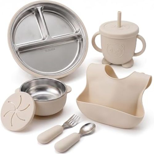 Stainless Steel & Silicone Toddler Feeding Set, 7 Piece Kids Dinnerware with Divided Plate, Bowl, Training Cup with Straw, Bib, Fork and Spoon, BPA‑Free, Food‑Grade for Children (Color Beige)