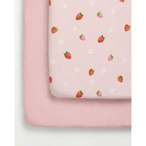 Pack and Play Sheets Fitted - 2 Pack Mini Crib Sheets for Pack N Play Mattress - Unisex Playard Microfiber Bedding for Boys and Girls - Breathable & Wrinkle Free - Oeko-Tex, 38 x 26in - Strawberries