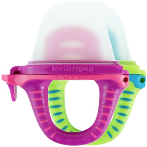 Teetherpop Fillable Silicone Teether for Babies (2-Pack) – Breastmilk Popsicle Molds for Teething w/Spill-Proof Sippy Slits – Freezable Baby Teethers for Liquids & Purées (Fuchsia/LimonTeal)