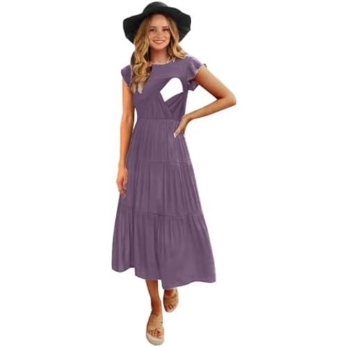 Womens Flutter Short Sleeve Smocked Tiered Nursing Dress for Breastfeeding