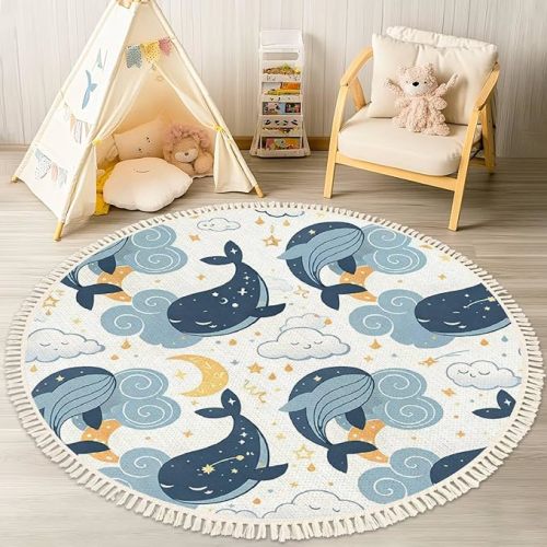 ABC Ocean Theme Round Rug - Boho Alphabet Whale Area Carpet for Boys Girls Bedroom Nursery Playroom - 4ft Linen Cotton Washable Neutral Accent Hallway Runner Mat