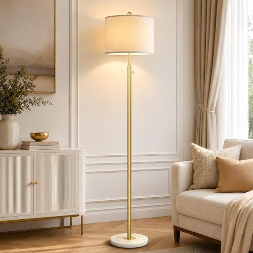 【Upgraded】 Dimmable Floor Lamp for Living Room, 11W LED Bulb Included, Modern Standing Lamp with Marble Base, Tall Pole Light with Linen Shade for Bedroom Reading Office Corner Nursery-Brass Gold