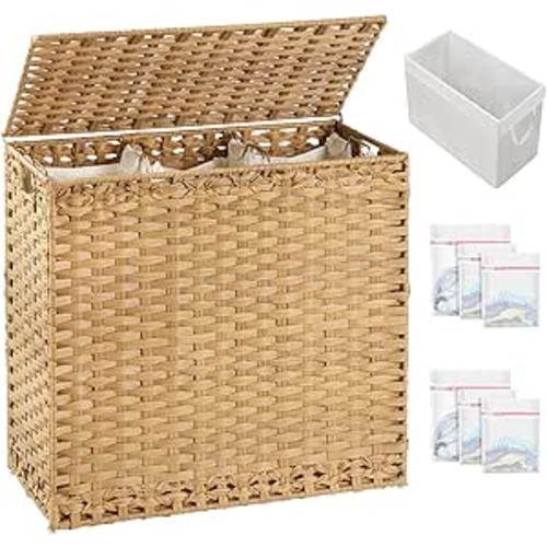 Laundry Hamper with Lid Laundry Basket 132 L (35 Gal) Wicker Clothes Hamper, Handwoven Rattan Hamper with Handles and 4 Removable Liner Bags, 6 Mesh Bags for Laundry Bedroom Natural