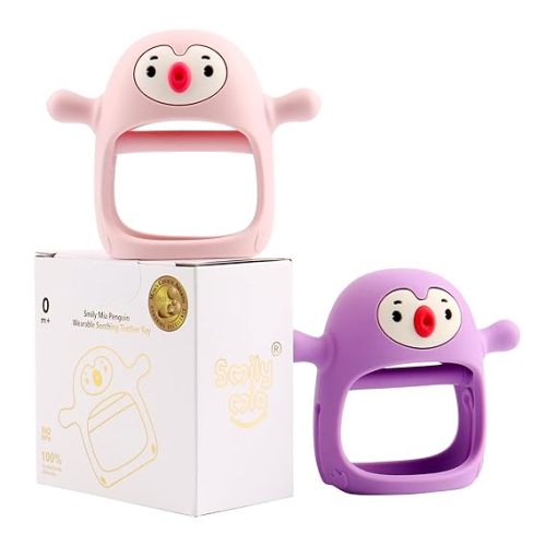 Smily Mia 2pack Penguin Teether for Babies 0-6Month, Infant Teething Toys,Pacifiers for Breastfed Babies, Silicone Teething Mittens for 3-6Months, Perfect Shower Gift+Baby Registry, Pink&Purple