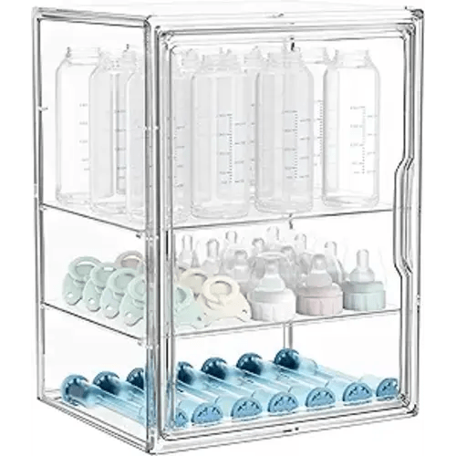 HBlife Baby Bottle Storage Organizer for Countertop Cabinet, 3 Tiers Adjustable Clear Acrylic Bottles Storage Station Case Box Container with 2 Removable Dividers and Magnetic Door, Large