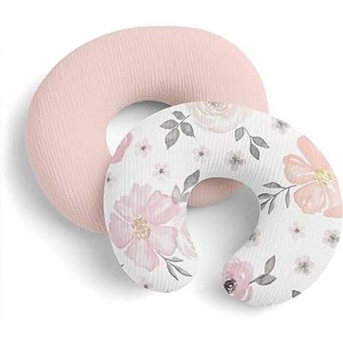 Sweet Jojo Designs 2-Piece Muslin Nursing Pillow Covers Set (Pink/Grey Watercolor Floral) for Newborn Baby Girls 100% Cotton Breastfeeding Pillowcases-PILLOW NOT INCLUDED (Shabby Chic, Boho Farmhouse)