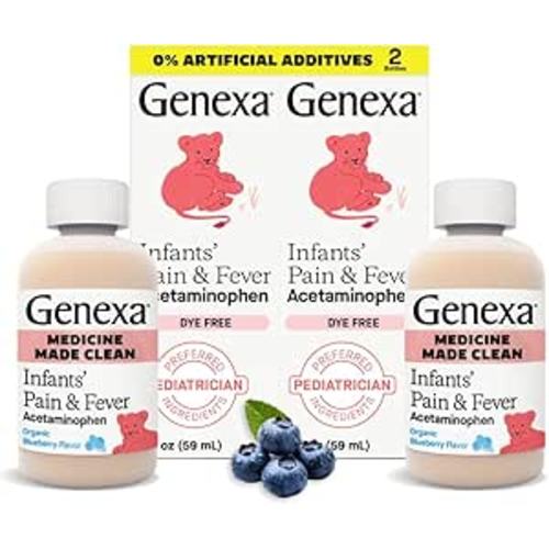 Genexa Infants' Clean Acetaminophen | Pediatrician Preferred Ingredients | Pain Reliever & Fever Reducer for Babies | Dye Free, 0% Artificial Additives | Organic Blueberry Flavor, 4 fl oz (2 Pack)