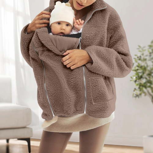 Maternity Winter Coat Winter Maternity Clothes Baby Wearing Jacket Maternity Winter Clothes Women Fleece Zip Up 2 In 1 Baby Wearing Jacket Maternity Winter Coat Thicken Kangaroo Sweatshirt, Camel-XL