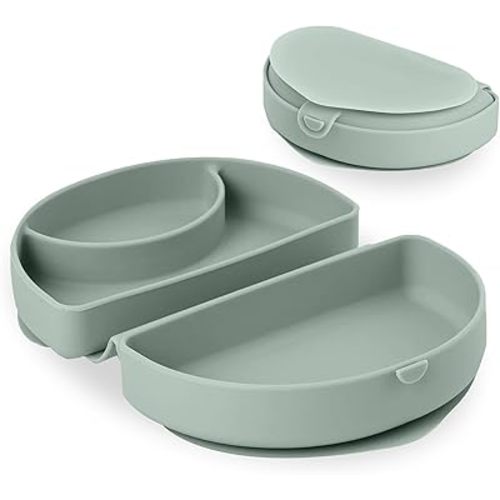 Miniware Baby Travel Plate with Suction - Foldable Silicone Baby Travel Essential to Promote Self-Feeding - Dishwasher Safe, BPA Free, Silicone Baby Plate For On The Go - Eucalyptus Silifold
