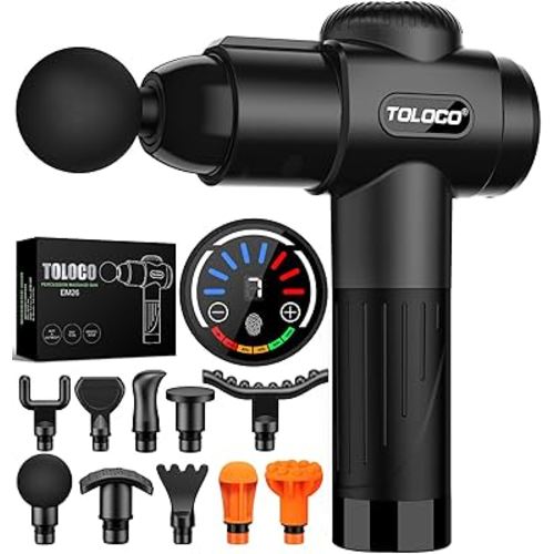 TOLOCO Massage Gun, Deep Tissue Back Massage for Athletes for Pain Relief, Percussion Massager with 10 Massages Heads & Silent Brushless Motor, Gifts for Fathers Day, Black