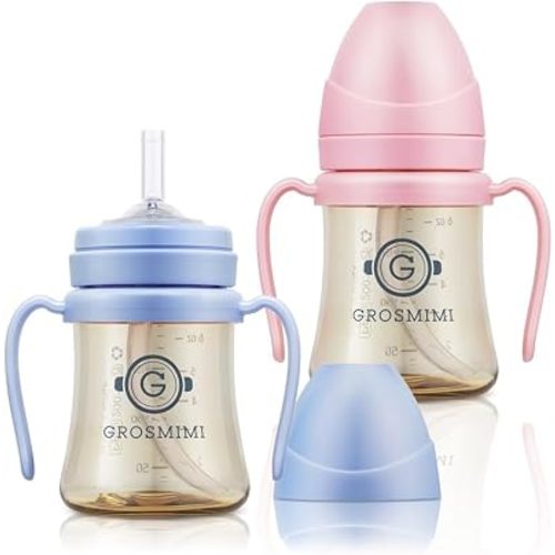 GROSMIMI Spill Proof Magic Sippy Cup with Straw with Handle for Baby and Toddlers, PPSU, BPA Free 6 oz. 2-pack (Pink & Sky Blue)