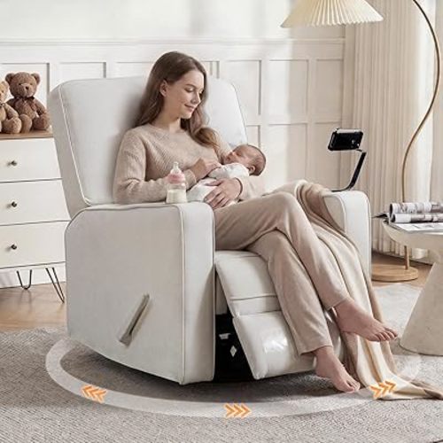 360° Swivel Rocker Recliner Chair with Adjustable Footrest, Rocking Chair Nursery with Phone Stand & Cup Holder,Manual Nursing Chair Glider Recliner Armchair for Adults, Living Room (Beige)