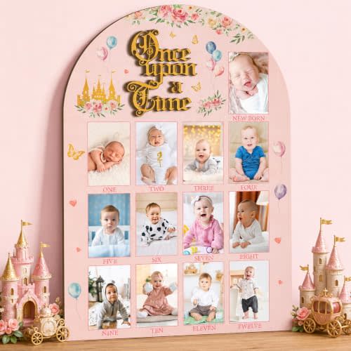 R HORSE 3D My First Year Photo Display Frame Board, Fits 2 x 3 inch Picture | Princess Baby First Year Photo Frame, 12 Months Fairytale Castle Milestone Board, Baby Keepsake Gift, Birthday Nursery Decor