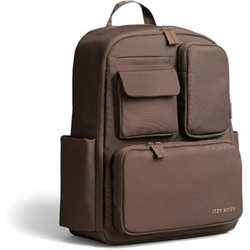 Itzy Ritzy Utility Diaper Bag Backpack, 17 Pockets w/Changing Pad (Mocha) | Travel-Ready Diaper Backpack with 2 Insulated Bottle Holders, Laptop Compartment, Trolley Sleeve, Straps, and Changing Pad