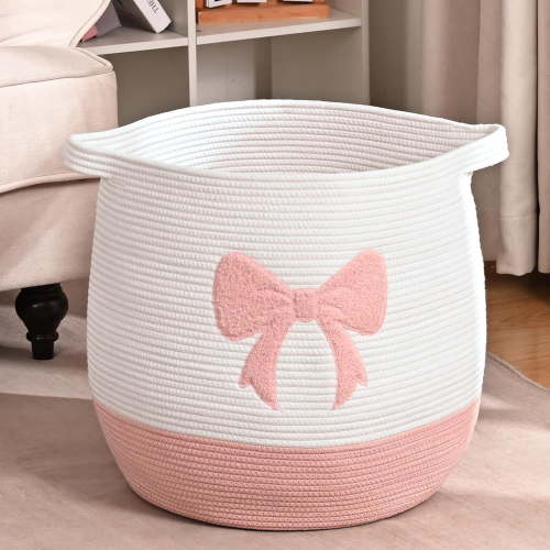 ACDANC Large Baby Laundry Hamper,Pink Bow Laundry Basket for Baby Girl,Toy and Blanket Storage Basket for Nursery and Playroom,Cotton Rope Hamper for Kids,17.7"X15.7"