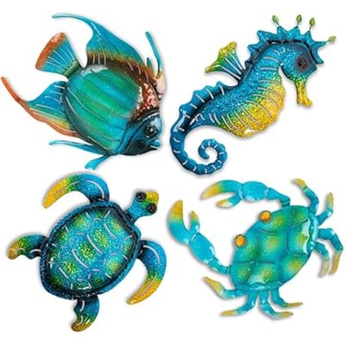 Metal Beach Wall Decor Art, Ocean Themed Sea Turtle Fish Seahorse Crab Coastal Wall Sculpture, Nautical Outdoor Decor For Garden, Fence, Patio, Pool, Bathroom (4 Pcs)
