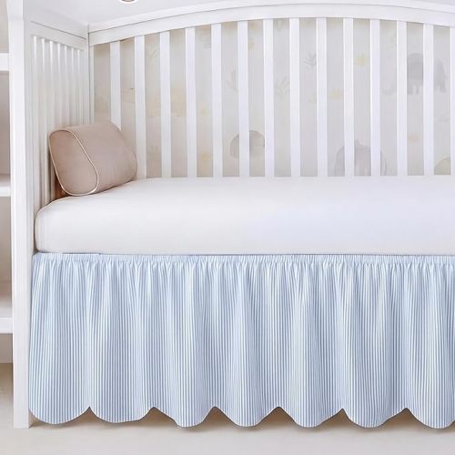 Mindsoft Blue Scallop Edge Cotton Crib Skirt Ticking Strip Farmhouse Chic Nursery Bed Skirt Gender Neutral for Baby Boys Girls Fits Standard Cribs Toddler Beds, 52" x 28" x 16" Drop
