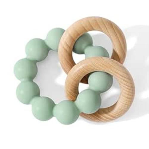 Baby Teething Toys for 0-6 6-12 Months- BPA-Free Food-Grade Silicone & Natural Beech Wood Teether Ring for Newborn Infants Teething Relief- Easy-Grip Sensory Rattle Toys(Cambridge Blue)
