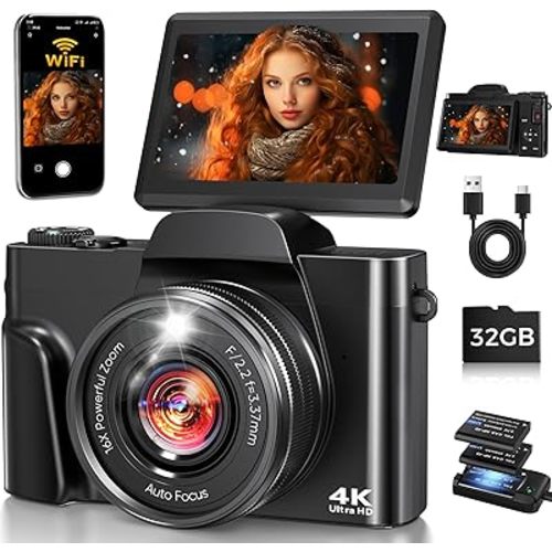4K Digital Camera for Photography with WiFi,64MP Autofocus 3'' 180° Flip Screen 16X Zoom Vlogging Camera for YouTube, Compact Travel Camera for Beginners, Anti-Shake, 32GB Card, 2 Batteries, Black