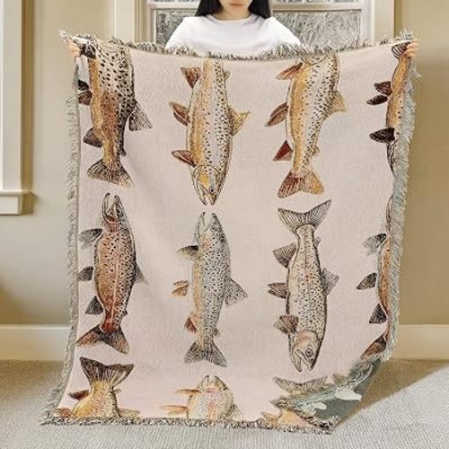 Moukeren 60 x 50 in Rainbow Trout Woven Tapestry Throw Blanket with Tassel