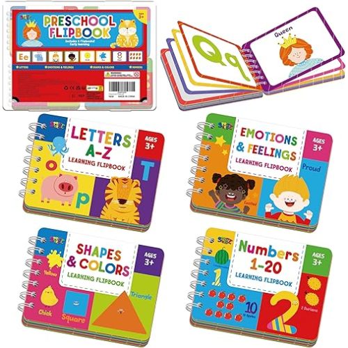 4 Preschool Learning Flipbooks, 96PCS Double Sided Printed Cards Set, Alphabet Letter A-Z, Number 1-20, Feelings and Emotions, Shapes and Colors Mini Board Books Set Early Educational Tool for Kids