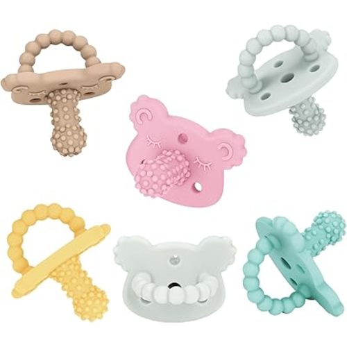 Silicone Teether Pacifier – Massaging Bumps Infant Teething Relief Pacifier, Food-Grade Teething Toys for Dishwasher Safe, Easy to Hold Baby Pacifier Soothes Sore Gums, BPA Free 【6 Pack】