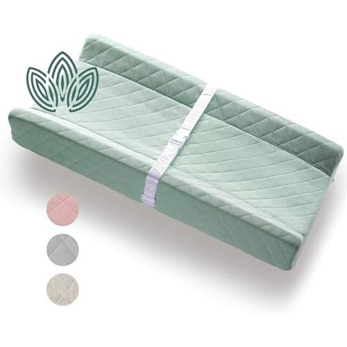 Organic Cotton Covered Contoured Baby Changing Pad | Waterproof Foam Mattress, Soft, Removable & Washable Cover, Safety Strap, Non-Slip Bottom, Topper for Standard Size Infant Diaper Table & Dresser